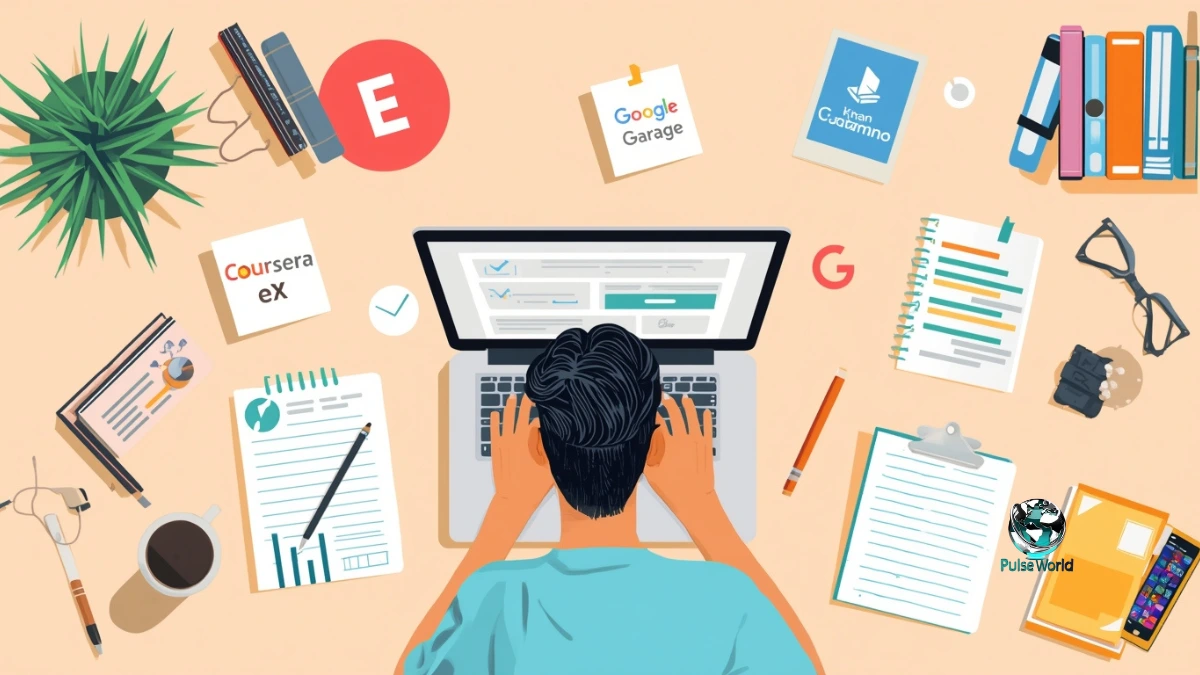 Illustration of Coursera, edX, and Khan Academy as top free learning platforms