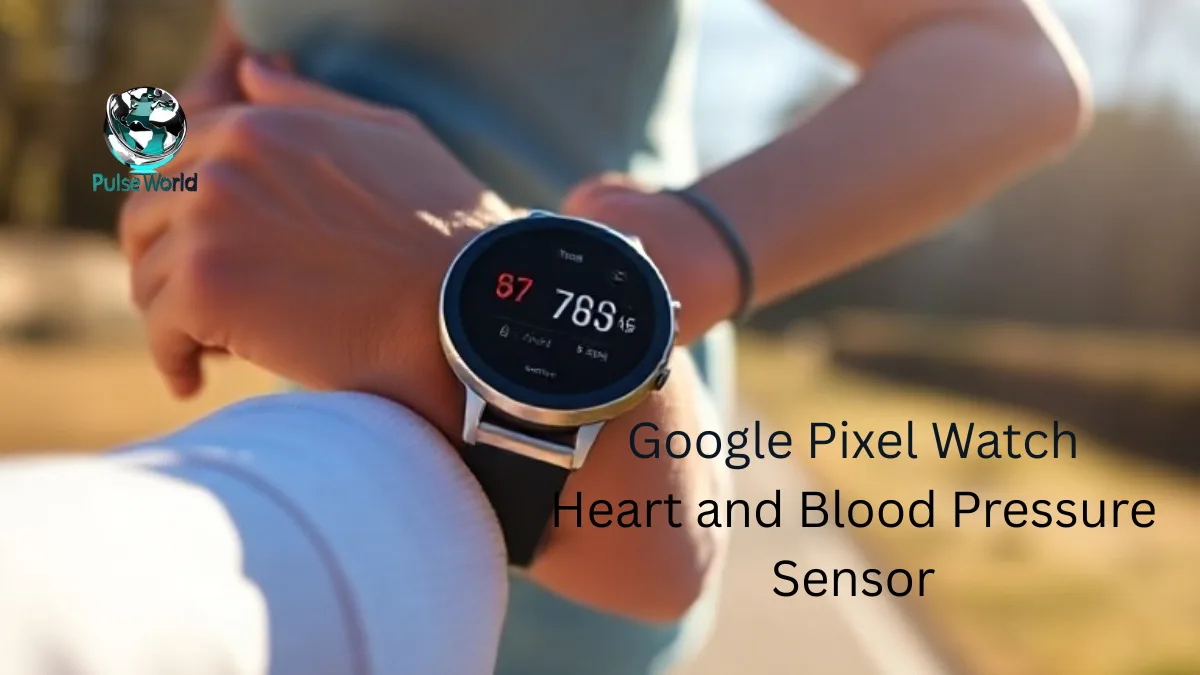 Futuristic AI interface analyzing heart rate and blood pressure data from a Pixel Watch, highlighting smart health technology