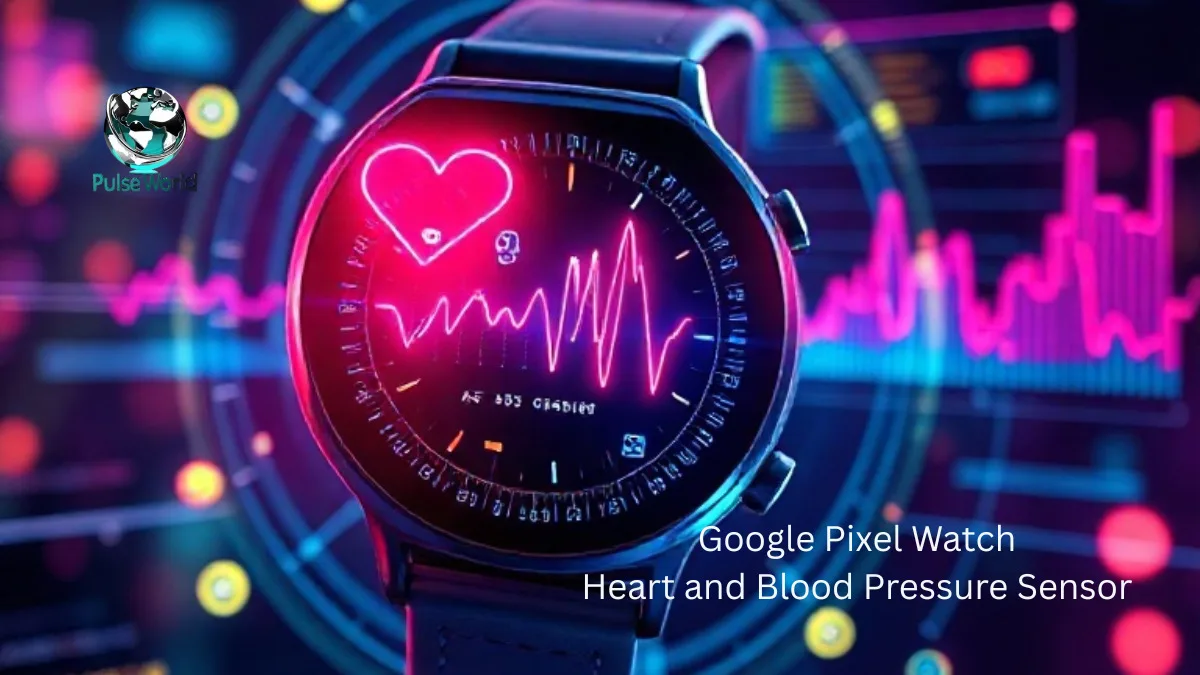 Digital illustration of a smartwatch tracking blood pressure with heart and pulse icons, representing wearable health technology