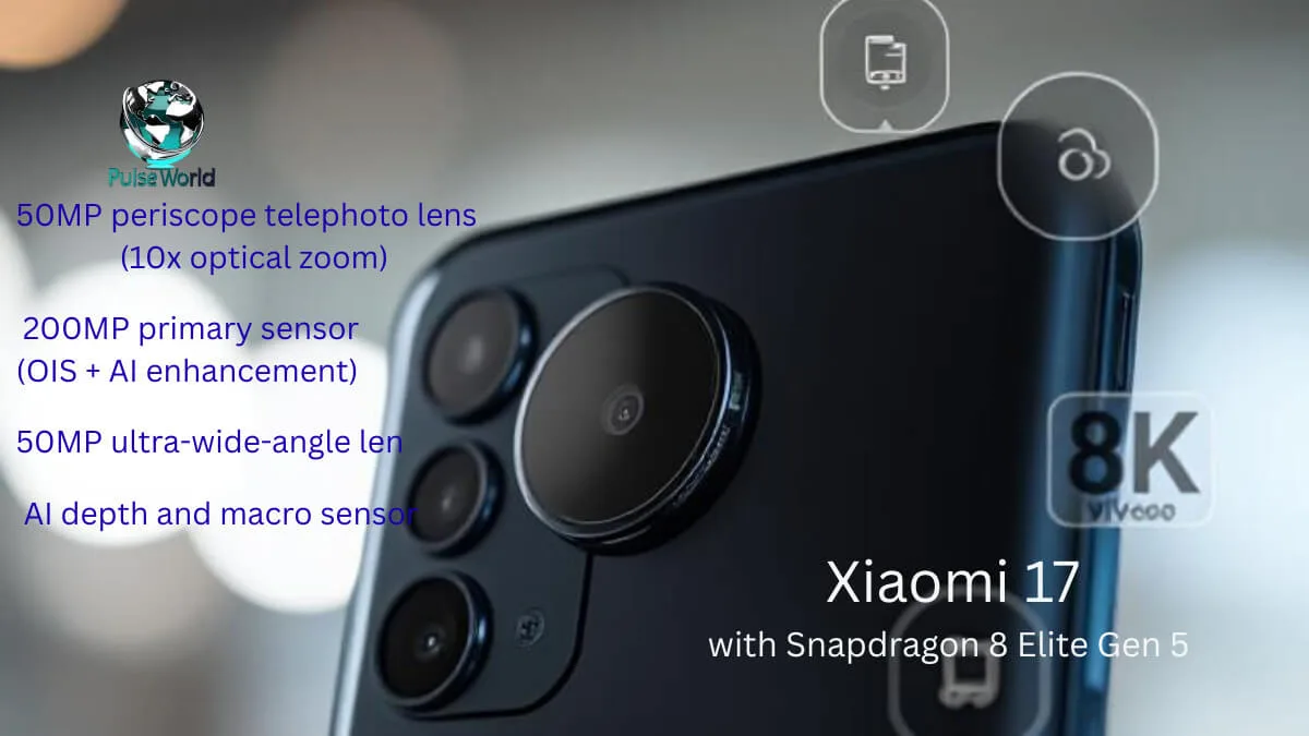 Close-up of Xiaomi 17 Snapdragon 8 Elite Gen 5 quad-camera setup with 200MP main lens and AI photography features
